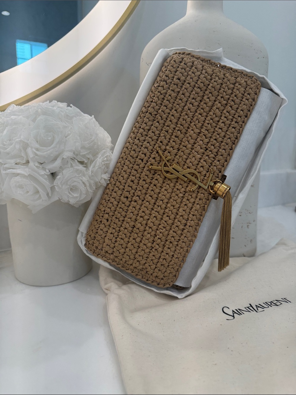 Saint Laurent Tan Raffia Tassel Clutch with Gold YSL Logo